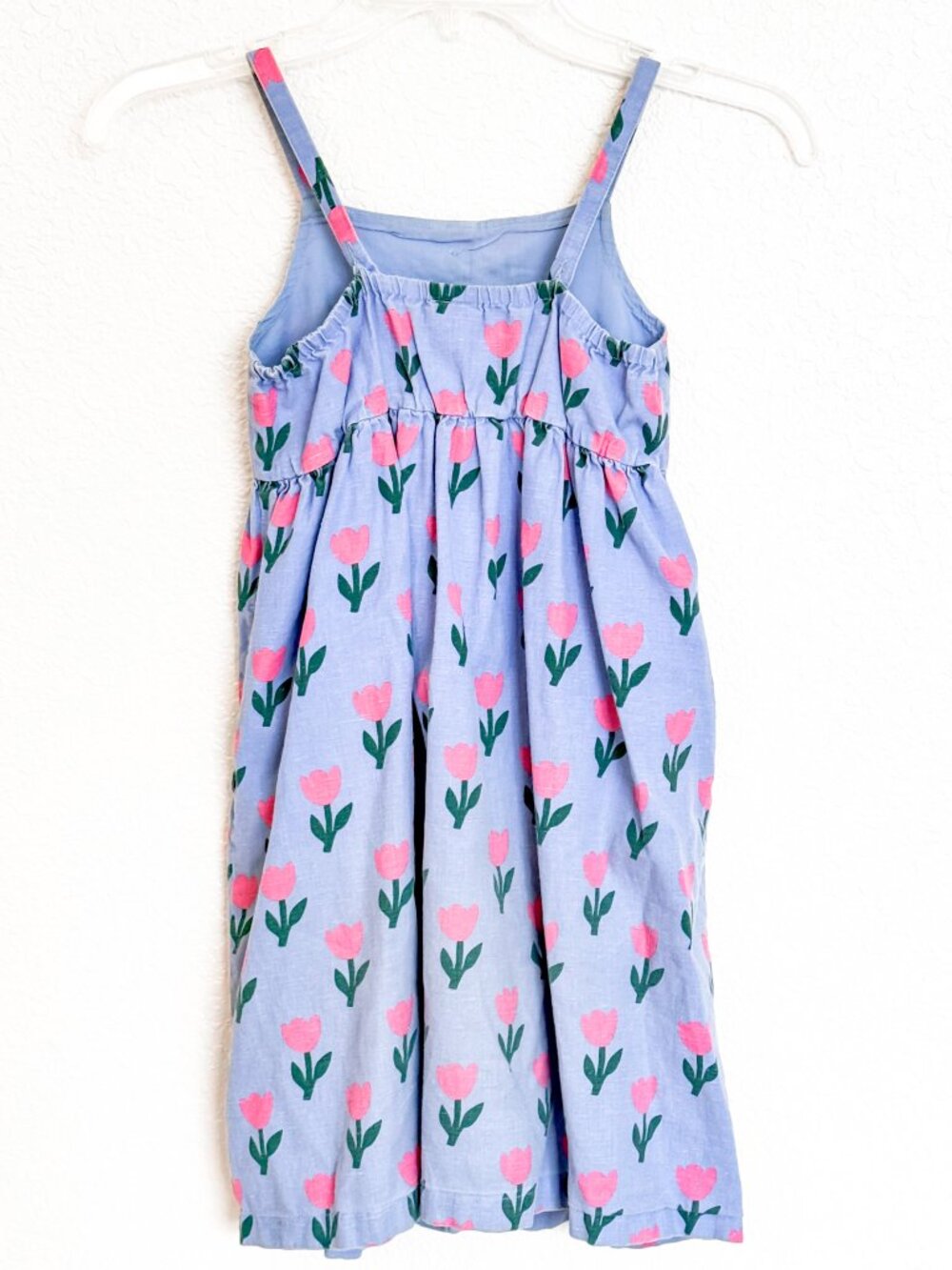 Hanna Anderson Linen Midi Dress Size 120cm/6-7 Blue & Pink Tulip Print Pockets - Picture 2 of 9